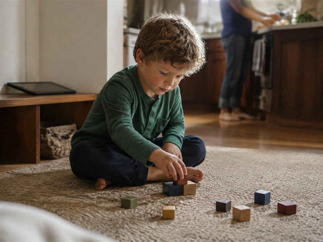A young child begins building with blocks after leaving an inactive tablet behind while a caregiver prepares dinner in the background.