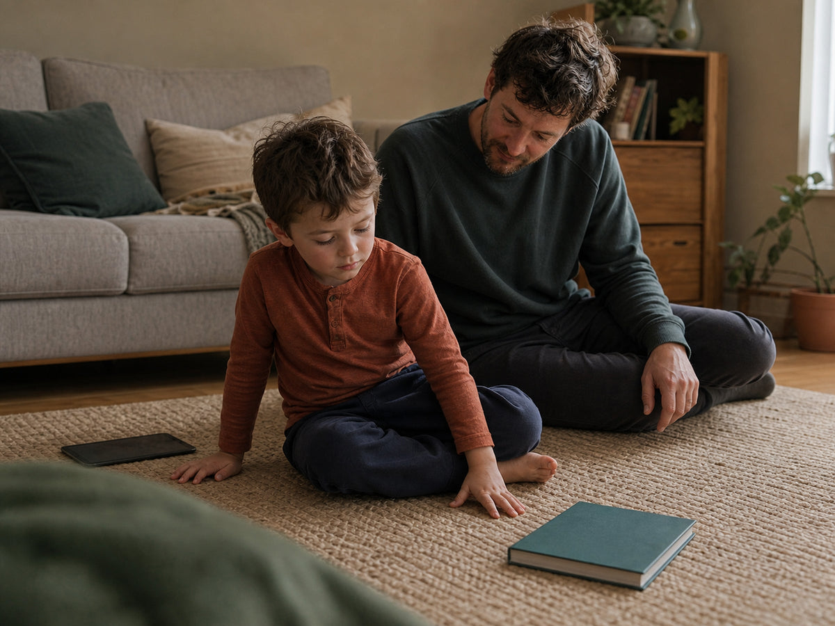 A father stays near his young child as the child turns from a dark tablet toward a book.