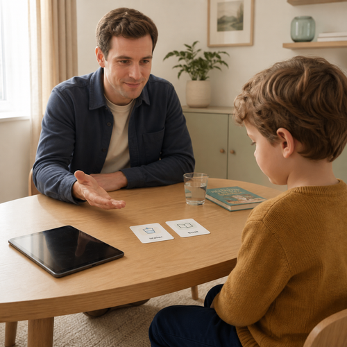 Father and young son using a Screen-Off Choice Card during a calm screen-time transition