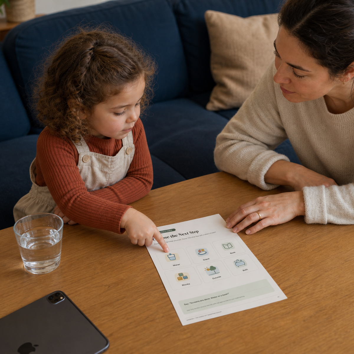Parent and child using a Water visual choice during a calm screen-off transition