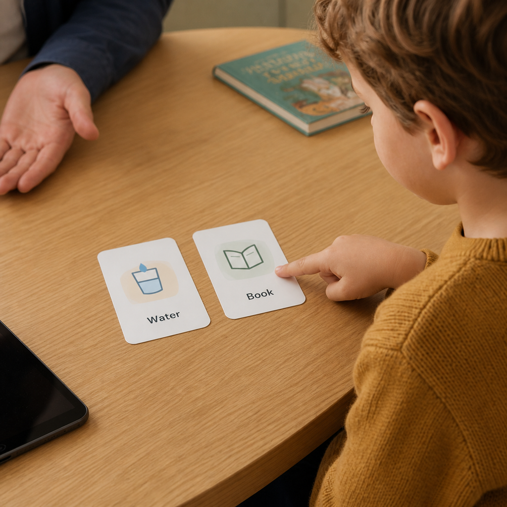 Young child choosing between two visual activity cards after screen time
