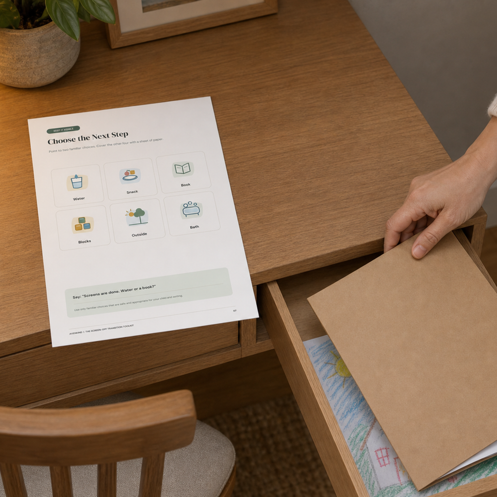 Parent preparing one printed Screen-Off Transition Toolkit page