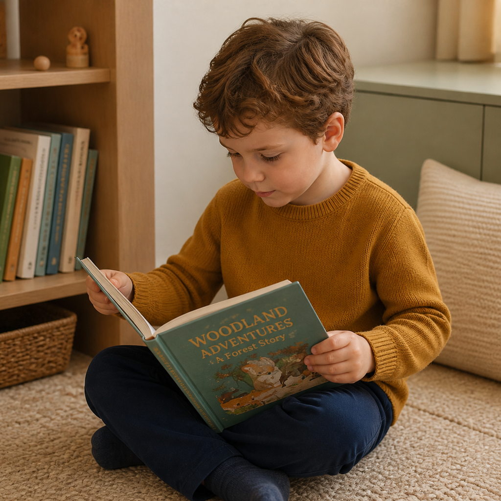 Young child reading independently after choosing the Book activity card