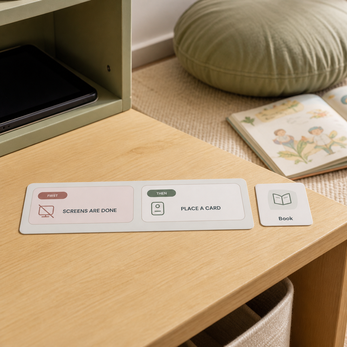 First–Then visual strip showing that screens are done and the next activity comes next