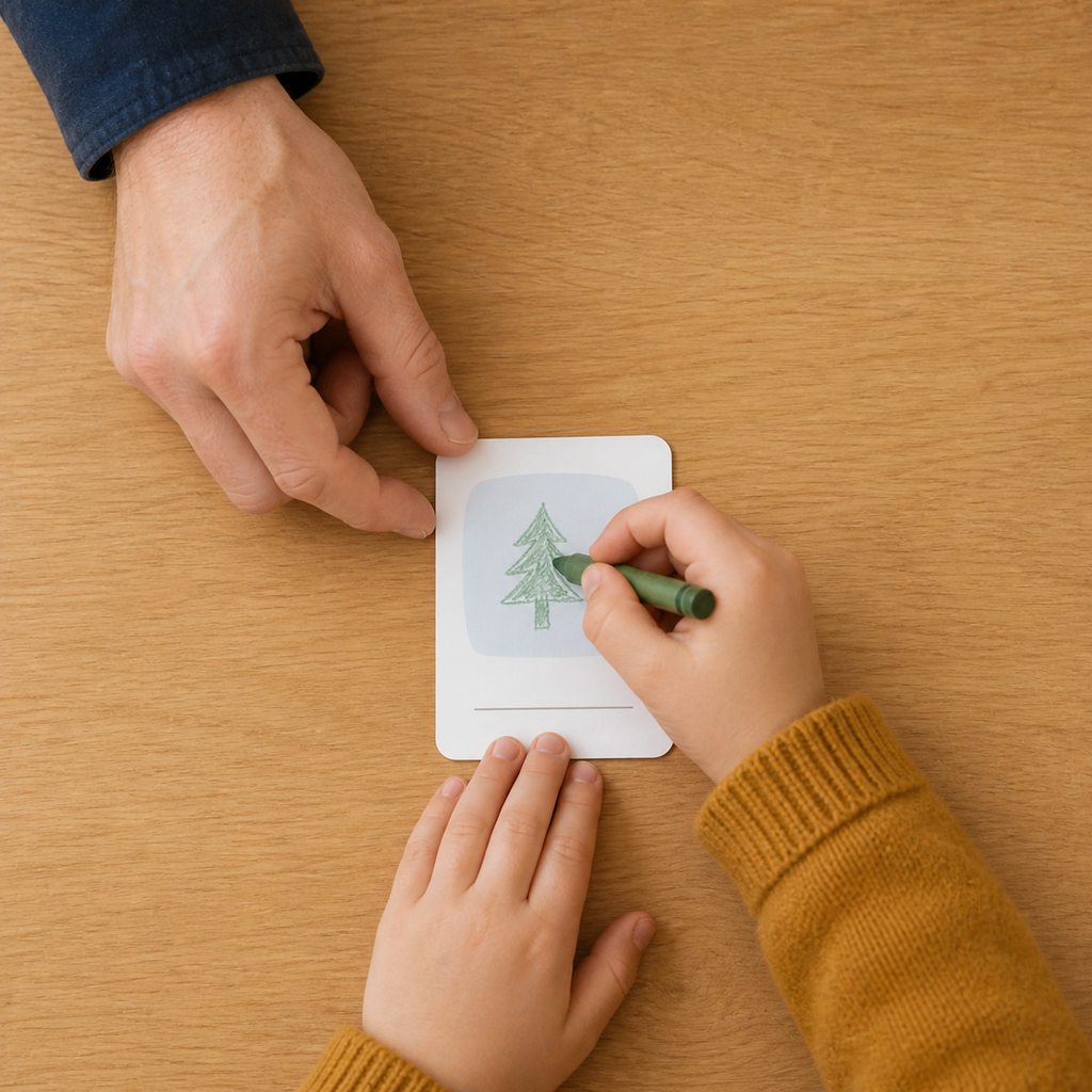 Child drawing a custom choice card with a parent's guidance