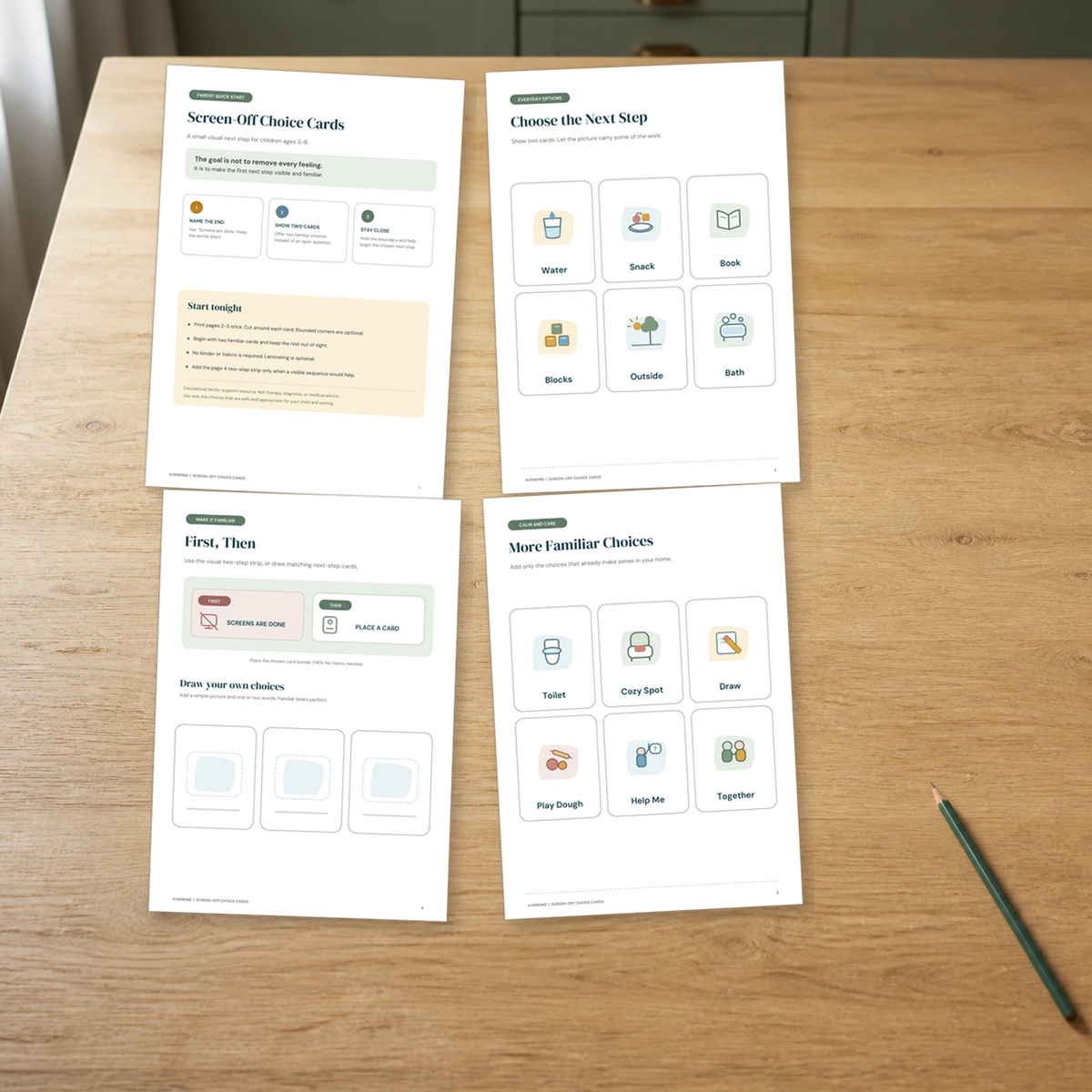 Four printable pages included in the Screen-Off Choice Cards set