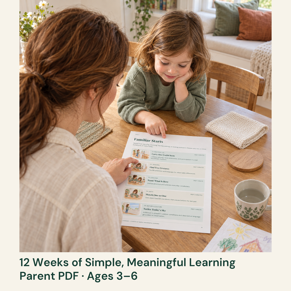 Mother and child choose an invitation from the weekly menu beside ordinary household materials.