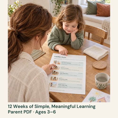 Mother and child choose an invitation from the weekly menu beside ordinary household materials.