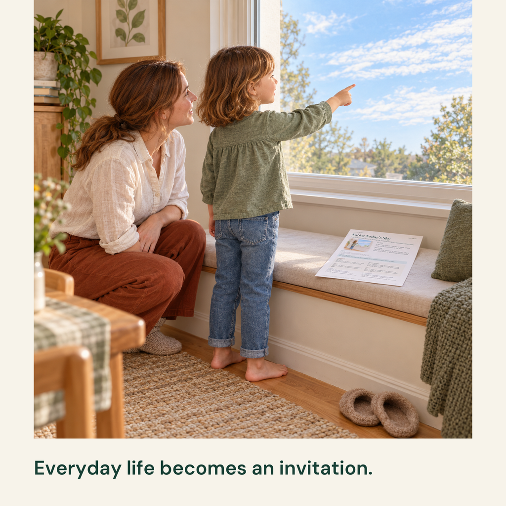 Child notices the sky from a closed window while mother observes.