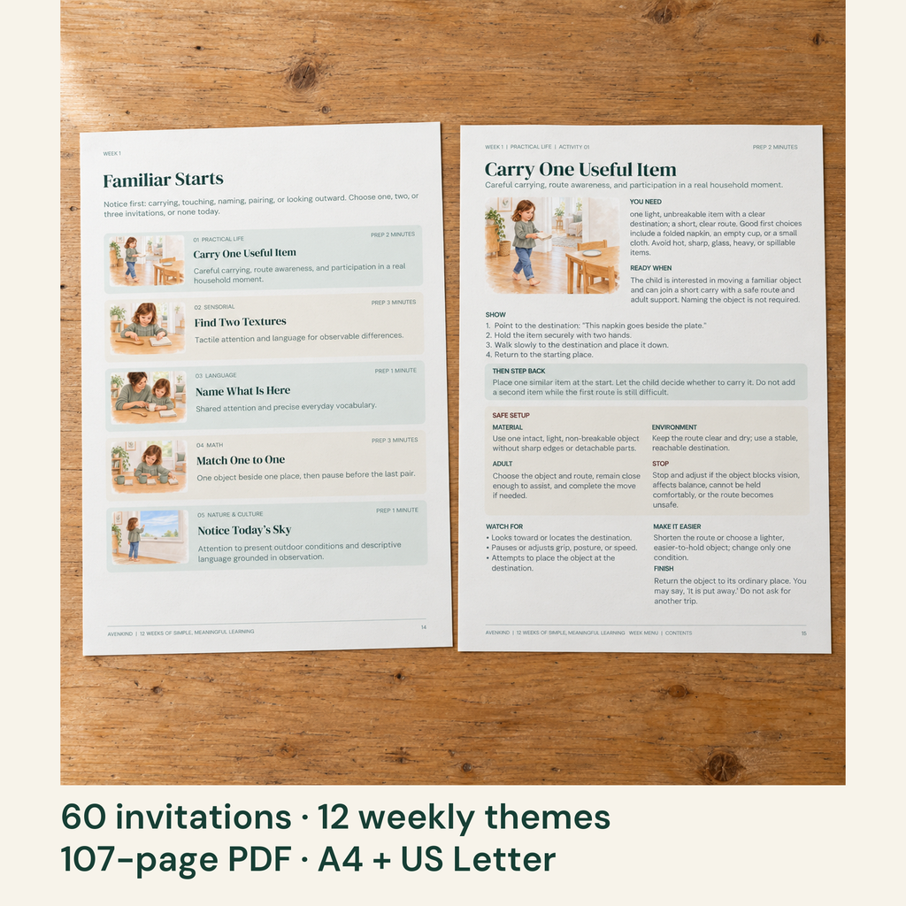 Photographed weekly menu and corresponding Carry One Useful Item activity page from the guide.