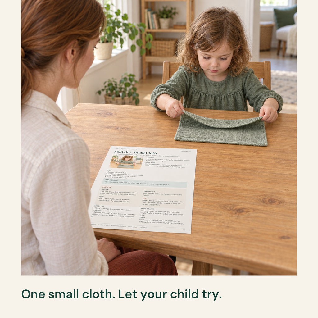 Child folds a small cloth while mother watches beside the activity guide.