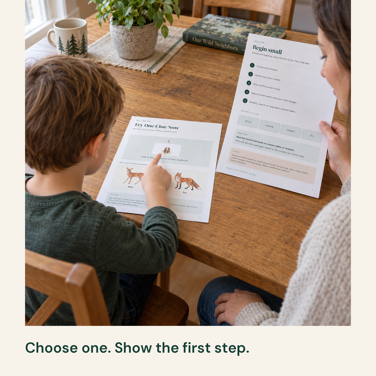 Adult reading Begin small while a child points to a split-hoof clue and animal choices.
