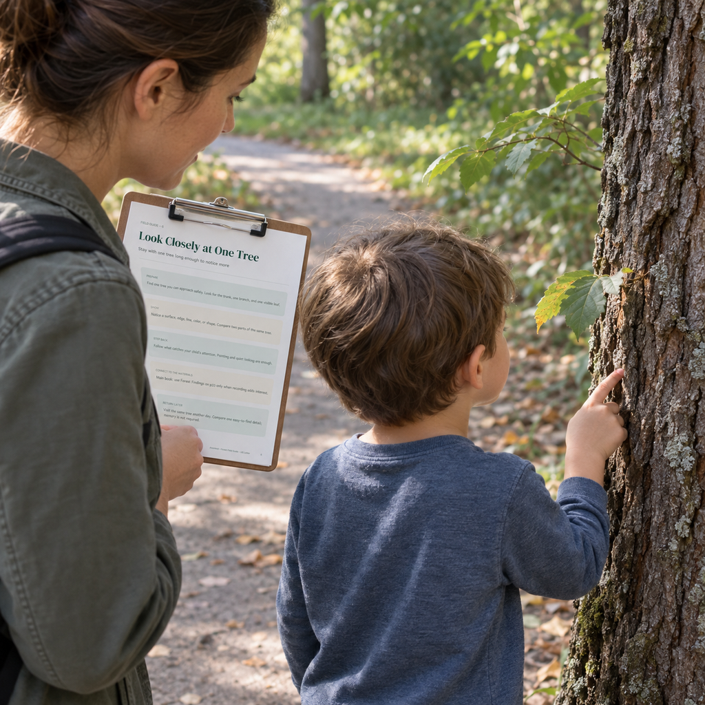 Child touching tree bark outdoors beside an adult holding the Look Closely at One Tree guide.