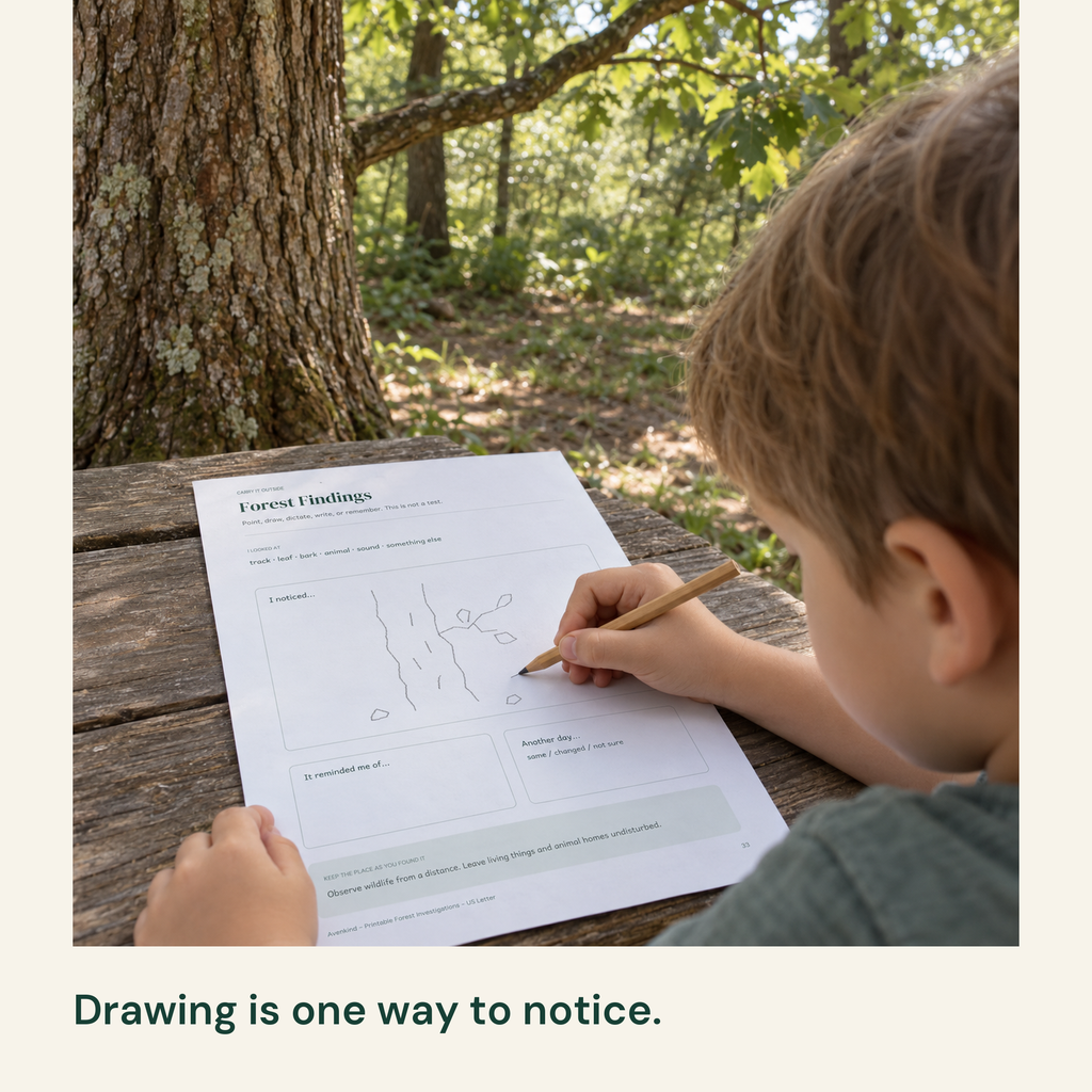 Child makes sparse, uneven pencil marks on the optional Forest Findings record beside a real tree.