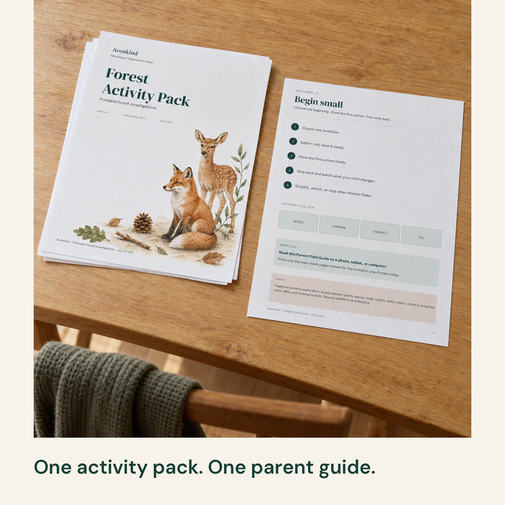 Forest Activity Pack cover and Begin small parent guide page displayed as two content documents.