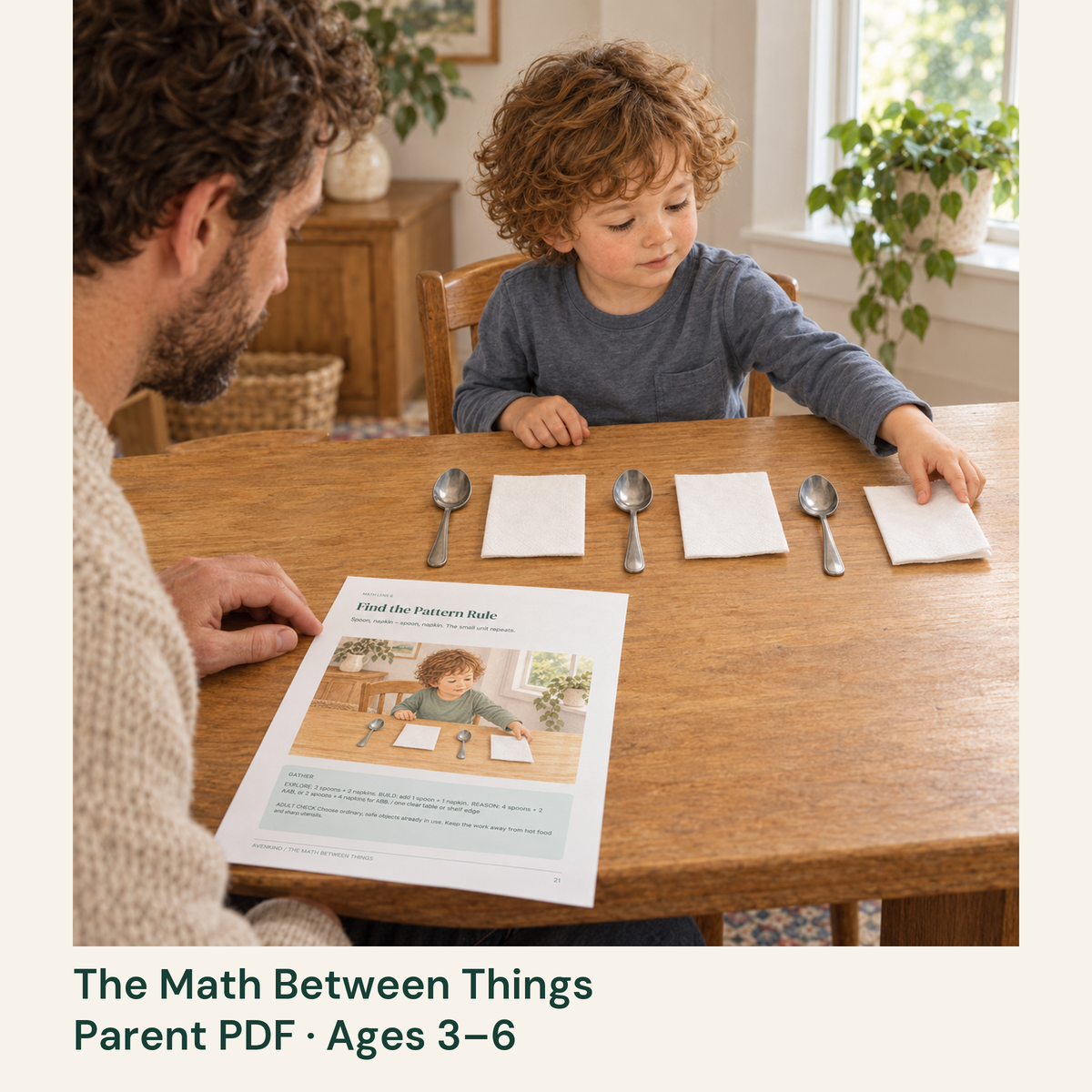 A child extends a spoon-and-napkin pattern while a parent uses the Math guide.