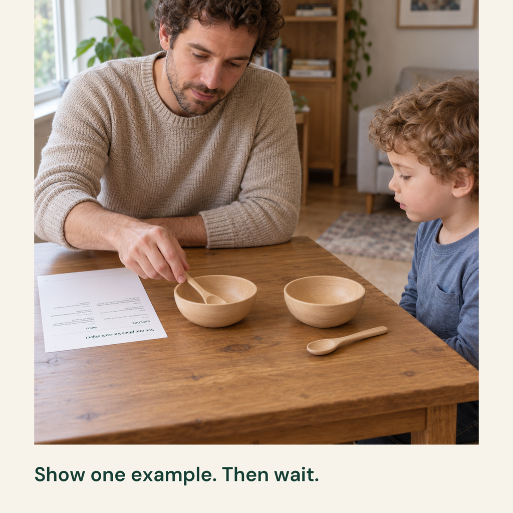 A parent shows one spoon placement and leaves a second bowl for the child.