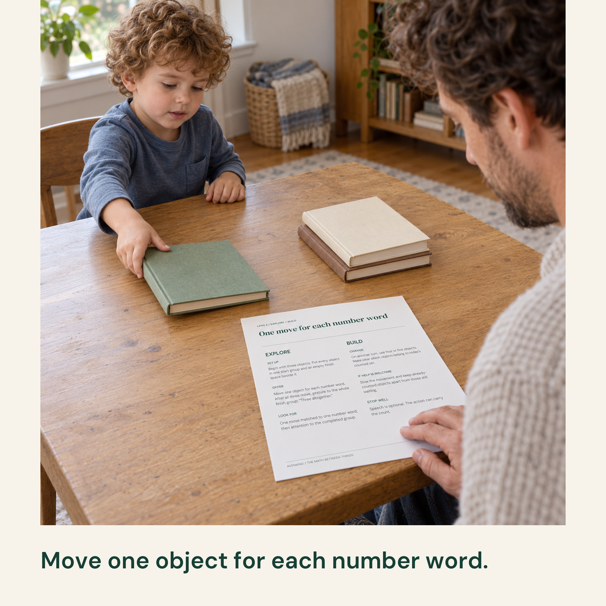 A child moves the remaining book toward two already moved books beside the counting guide.