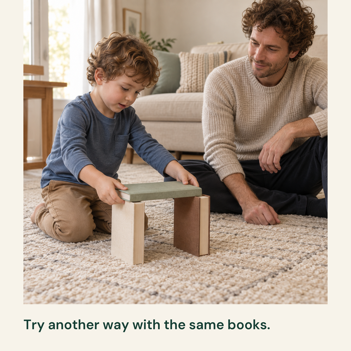 A child tries building with the same three books while a parent waits.