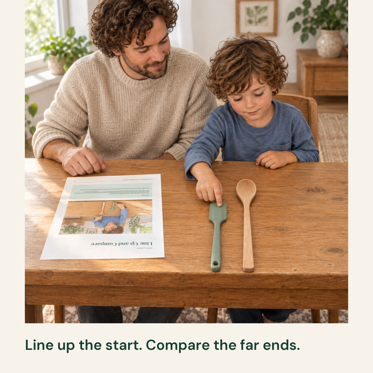 A child checks different utensil lengths from a common table-edge start beside the guide.